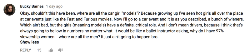 Illustration for article titled The Comments On This Video About A Lack Of 'Car Girls' Are Why There's A Lack Of Car Girls